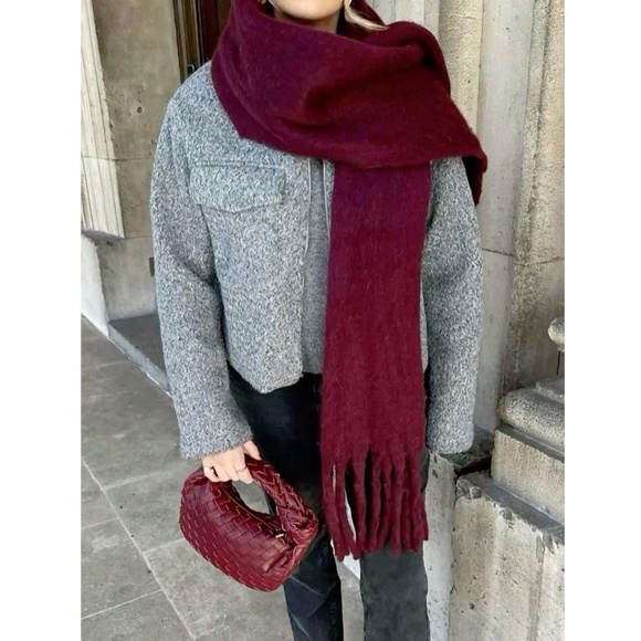 Burgundy Wide Shawl Scarf With Tassels Fuzzy Knit - Picture 3 of 7